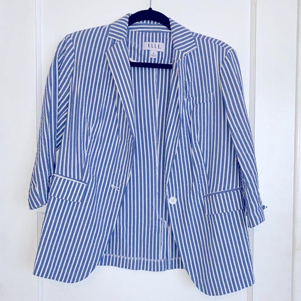 Linen-Feel Blue & White Striped Summer Blazer | Extra-Small